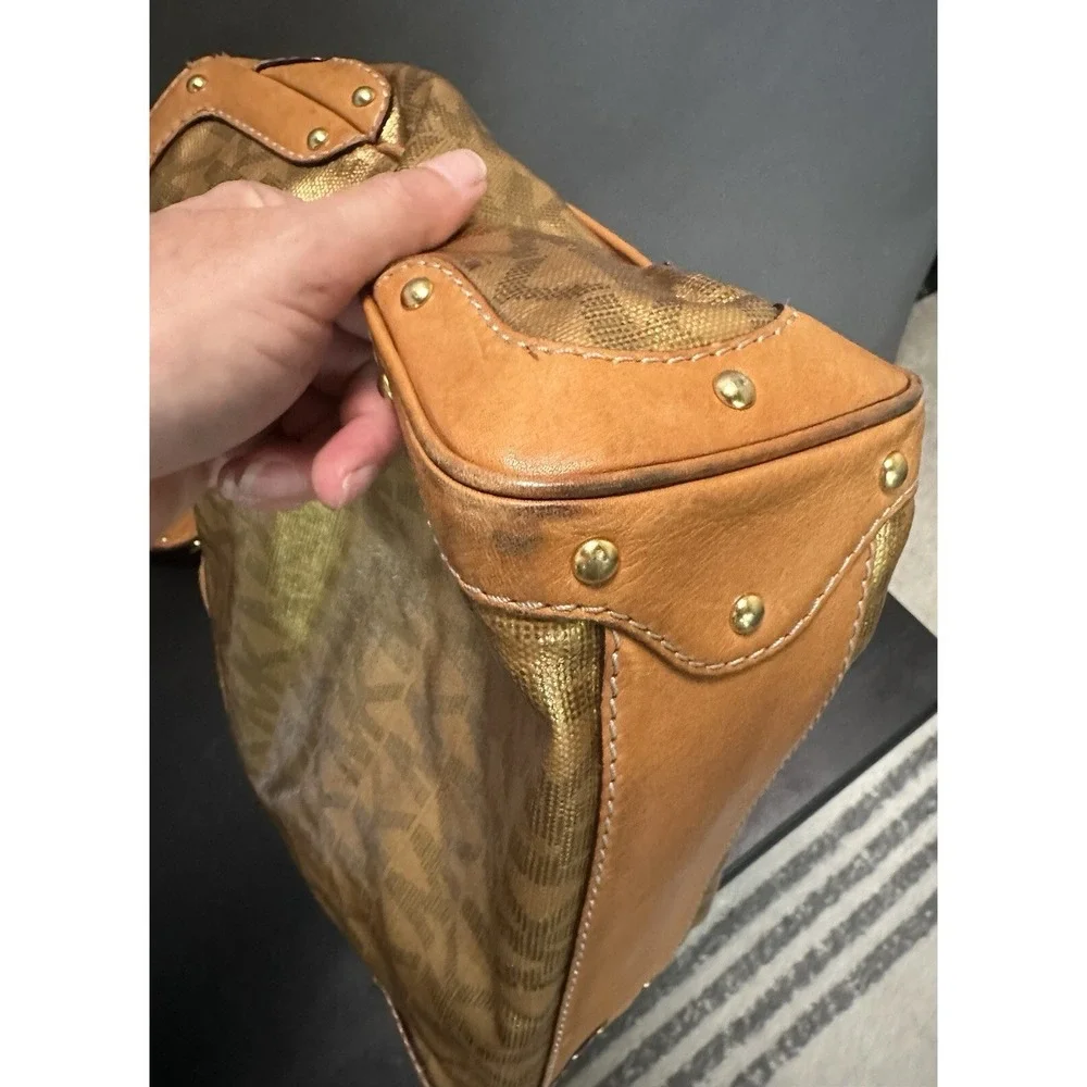 Y2K Michael‎ Kors Gold MK signature logo hobo shoulder bag purse studs Rare